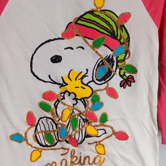 Girls Christmas Snoopy Shirt Woodstock Shimmer Lightbulbs XL Pink White COTTON - Picture 3 of 7